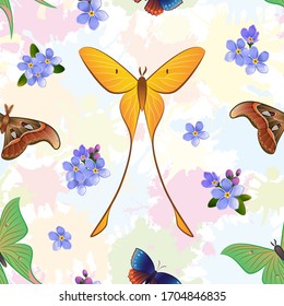 Nahtlose Textur Tropische Schmetterlinge. Farbiger Hintergrund mit blauen Blumen. Vektorillustration