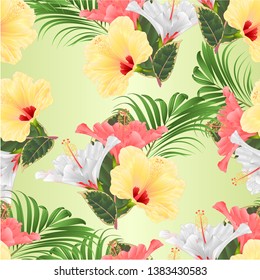Seamless texture Tropical flowers  floral arrangement, with pink white and yellow hibiscus and  palm ficus  vintage vector illustration  editable hand draw 