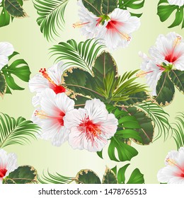 Seamless texture with tropical flowers set floral arrangement with beautiful white  hibiscus palm,philodendron and ficus vintage vector illustration  editable hand draw 