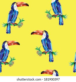 Seamless texture tropical toucans on a yellow background
