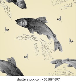Seamless texture Trout jumps  in stream salmon-predatory fish as wrought metal vintage vector illustration

