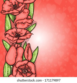 Seamless texture with tulips in the art line art on a background with hearts
