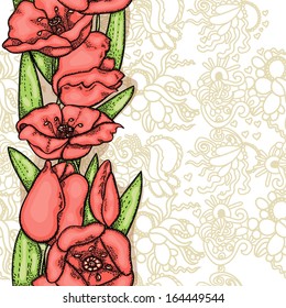 Seamless texture with tulips, line art, delicate background