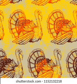 Seamless texture with with turkey. Repeating background. Tile pattern. Good for the cards to Thanksgiving day.