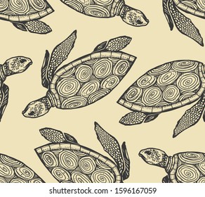 Seamless texture with turtle. Repeating pattern. Sea turtle theme.