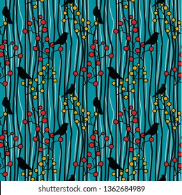 seamless texture with twigs, berries and  birds, vector illustration