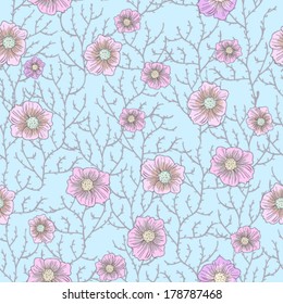 Seamless texture with twigs and pink flowers