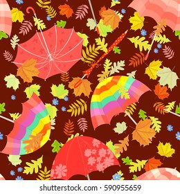 seamless texture with umbrellas and fall leaves