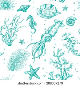 Seamless texture with  underwater plants and animals. Hand drawn sketch of starfish, shells, squid, fish, hippocampus and algae.