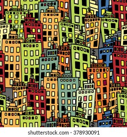 Seamless texture of urban homes. Dense buildings. Vector illustration.