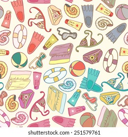 Seamless texture of vacation. Summer beach texture. Summer holiday doodle background. 