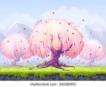Seamless texture for Valentine's Day background. Romantic tree under clouds.