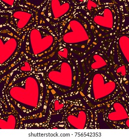 Seamless texture for valentines day design. Red and black. Hearts and spots. Abstract vector background for web page, banners backdrop, fabric, home decor, wrapping, greeting card