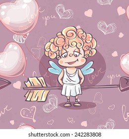 Seamless texture for Valentine's Day with the image of Cupid with balloons