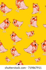 Seamless texture.  Variegated bird on a yellow background