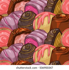 Seamless Texture With A Variety Of Sweets. Background With Candy. Great Textures For Your Design.