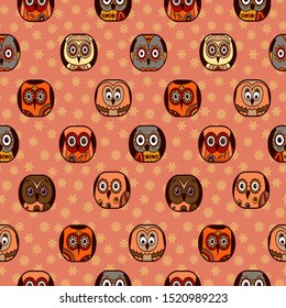 Seamless texture with various cartoon owls in oval shapes for children decoration on the muted pattern background 