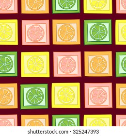 Seamless texture with various colourful citrus in squares