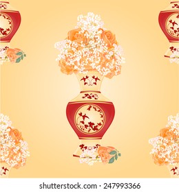 Seamless texture vase with tea roses gold background vector illustration