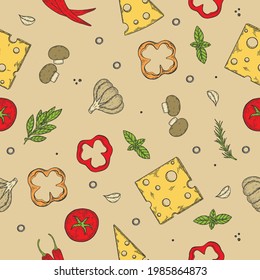 Textura sin inconvenientes. Imagen de color vector de una pizza. Cortes con ingredientes diversos.