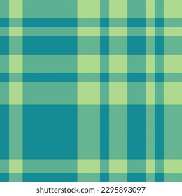 Seamless texture vector. Fabric tartan background. Plaid check textile pattern in cyan and green colors.