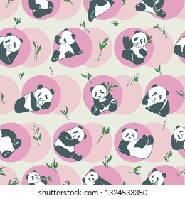 Seamless texture of vector pandas on a background of circles. Can be used for website background, wallpaper, patterns, textiles, surface textures.