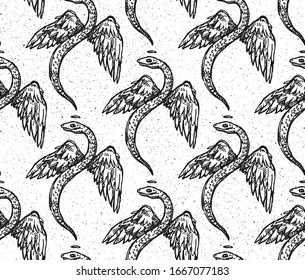 Seamless texture with vector snake with wings. Hand drawn illustration with animal. Angel reptile. Modern print. 