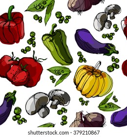 Seamless texture vegetables.Coloured bright background vegetables for cafes and packaging.Drawn in pencil vegetables.Vintage background.Pattern tomatoes, peppers, squash, peas, mushrooms, eggplant