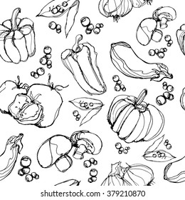 Seamless texture vegetables.vegetable black and white background for cafe.Drawn in pencil vegetables.Vintage background.Pattern vector tomatoes, peppers, squash, peas, mushrooms, eggplant