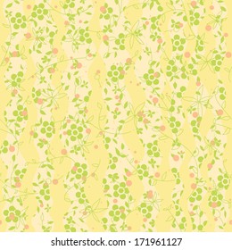 Seamless texture with a vegetative ornament, flowers, dots. Yellow background, green flowers, pink points. 