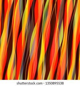 Seamless texture with vertical wavy stripes and lines. Orange, green, grey, red, yellow, black colors. Abstract vector background.