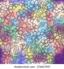 Seamless texture with vintage flowers. Flower background. Hand drawn ornaments. Doodles. Blurred background.
