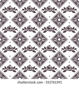 Seamless texture with vintage ornamental elements and roses. Vector pattern