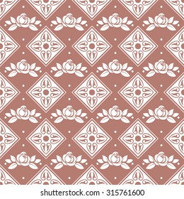 Seamless texture with vintage ornamental elements and roses. Vector pattern