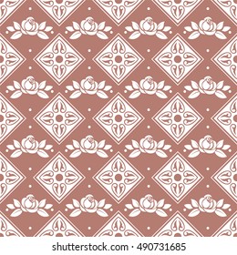 Seamless texture with vintage ornamental elements and roses. Vector pattern