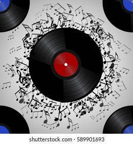 Seamless texture with a vinyl record and music notes. Vector musical pattern for your  creativity