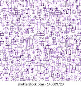Seamless texture with violet  gift boxes on white background. Can be used for wallpaper, pattern fills, textile, web page background, surface textures. Vector illustration. 