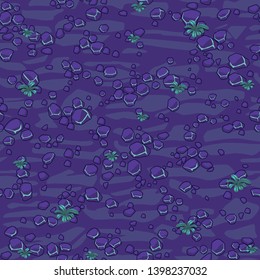 Seamless texture violet ground with small stones for concept design. Cute seamless pattern neon stones. Cartoon Seamless vector texture. Stones on separate layers.