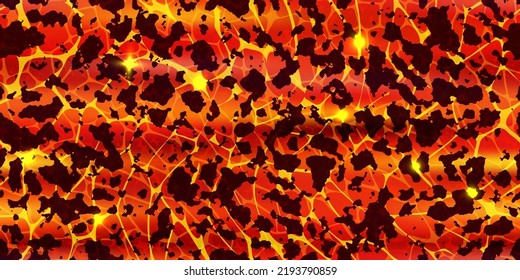 Seamless texture of volcanic lava with cracked ground pattern. Hot magma surface top view. Broken crust with liquid flame. Abstract vector background. Molten stones. Volcano eruption wallpaper