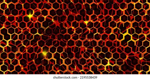 Seamless texture of volcanic lava with honeycomb stones pattern. Hot magma surface top view. Broken ground with liquid fire. Abstract vector background. Cracked earth. Volcano eruption wallpaper