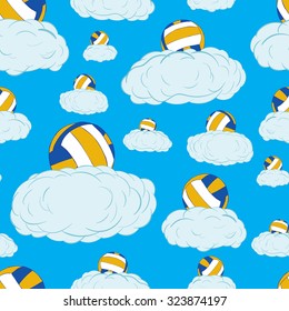 Seamless texture with volleyballs on blue clouds in the sky