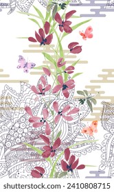 seamless texture with watercolor flower orchid, butterflies, dragonflies against asian clouds pattern and abstract doodle ornaments. 