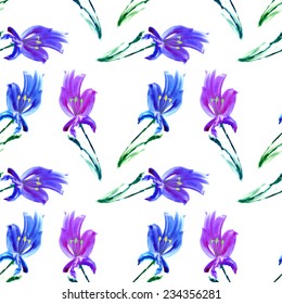 Seamless texture of watercolor iris flowers isolated on white background. Artistic. Vector illustration.