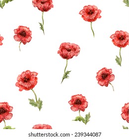 seamless texture with watercolor painting of poppies