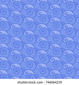 Seamless texture with waves of blue curls on blue background