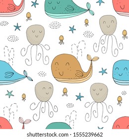 Seamless texture with whales, fish and hand drawn elements. Childish sea background, drawing with line-art. Eps10 vector.