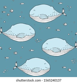 Seamless texture with whales, fish and hand drawn elements. Childish sea background, drawing with line-art. Eps10 vector.