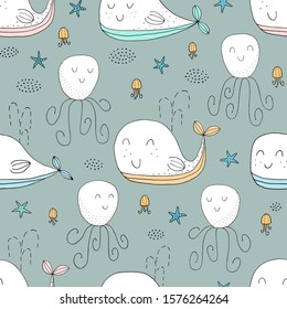 Seamless texture with whales, fish and hand drawn elements. Childish sea background, drawing with line-art. Eps10 vector.