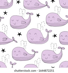Seamless texture with whales and hand drawn elements. Childish sea background, drawing with line-art. Eps10 vector.