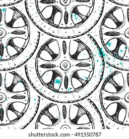 Seamless texture with wheels. Biker background. Repeated pattern. Repeated pattern. It can be used as wallpaper, upholstery, wrapping, fabric or your design.